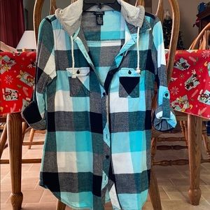 Rue21 Teal Flannel Button Down with Hood